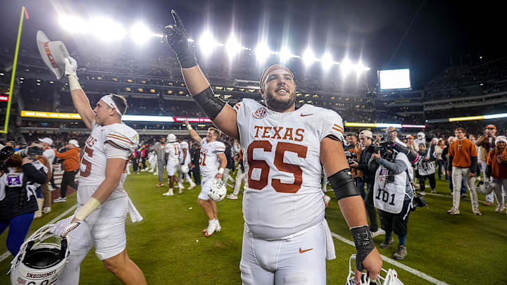 Texas Longhorns offensive lineman Jake Majors (85) celebrates the 17-7 win over Texas A&M in the Lone Star Showdown at Kyle Field on Saturday, Nov. 30, 2024 in College Station, Texas.