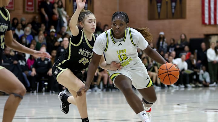 Ontario Christian freshman Tati Griffin drives hard to the basket en route to two of her 14 points, helping the Knights beat Archbishop Mitty 61-44 on Jan. 14, 2025.