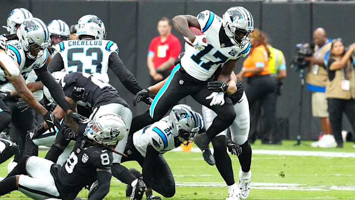 Sep 22, 2024; Paradise, Nevada, USA; Carolina Panthers wide receiver Xavier Legette (17) gains yardage against the Las Vegas Raiders during the first quarter at Allegiant Stadium. Mandatory Credit: Stephen R. Sylvanie-Imagn Images