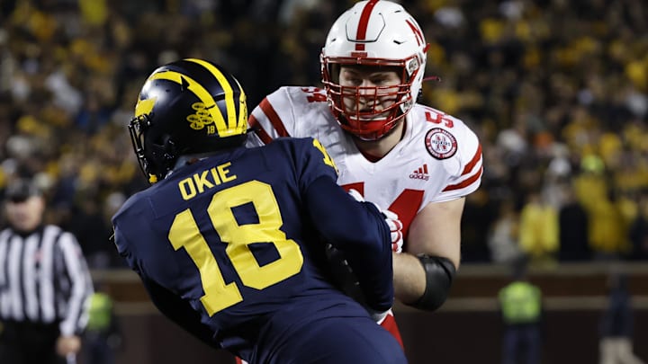 Nov 12, 2022; Ann Arbor, Michigan, USA; Nebraska Cornhuskers offensive lineman Bryce Benhart (54) Nov 12, 2022; Ann Arbor, Michigan, USA; Nebraska Cornhuskers offensive lineman Bryce Benhart (54)