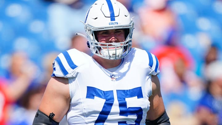 Aug 13, 2022; Orchard Park, New York, USA; Indianapolis Colts guard Will Fries (75) prior to the game against the Buffalo Bills at Highmark Stadium Aug 13, 2022; Orchard Park, New York, USA; Indianapolis Colts guard Will Fries (75) prior to the game against the Buffalo Bills at Highmark Stadium