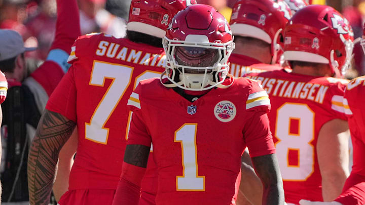 Nov 10, 2024; Kansas City, Missouri, USA; Kansas City Chiefs wide receiver Xavier Worthy (1) is introduced on field against the Denver Broncos prior to a game at GEHA Field at Arrowhead Stadium. Mandatory Credit: Denny Medley-Imagn Images Nov 10, 2024; Kansas City, Missouri, USA; Kansas City Chiefs wide receiver Xavier Worthy (1) is introduced on field against the Denver Broncos prior to a game at GEHA Field at Arrowhead Stadium. Mandatory Credit: Denny Medley-Imagn Images