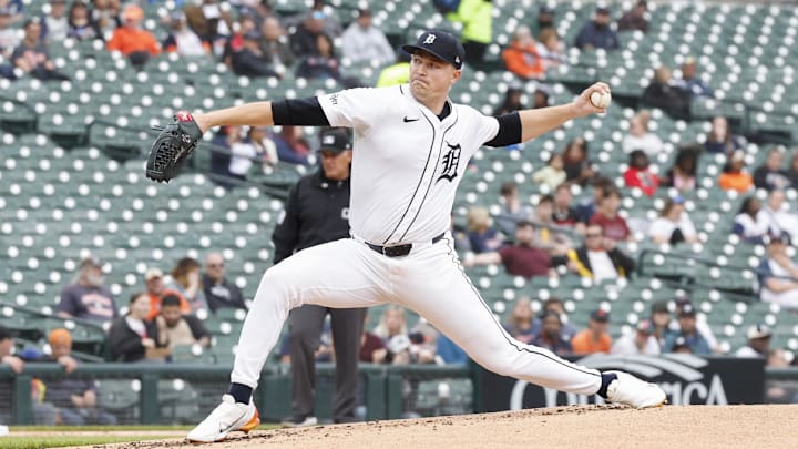 Apr 17, 2024; Detroit, Michigan, USA; Detroit Tigers starting pitcher Tarik Skubal (29) throws