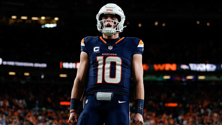 Dec 2, 2024; Denver, Colorado, USA; Denver Broncos quarterback Bo Nix (10) reacts after a play in the third quarter against the Cleveland Browns at Empower Field at Mile High. Dec 2, 2024; Denver, Colorado, USA; Denver Broncos quarterback Bo Nix (10) reacts after a play in the third quarter against the Cleveland Browns at Empower Field at Mile High.