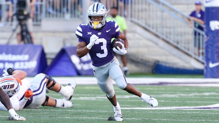 Aug 31, 2024; Manhattan, Kansas, USA; Kansas State Wildcats running back Dylan Edwards (3) finds room to run during the first quarter against the Tennessee-Martin Skyhawks at Bill Snyder Family Football Stadium. Mandatory Credit: Scott Sewell-USA TODAY Sports