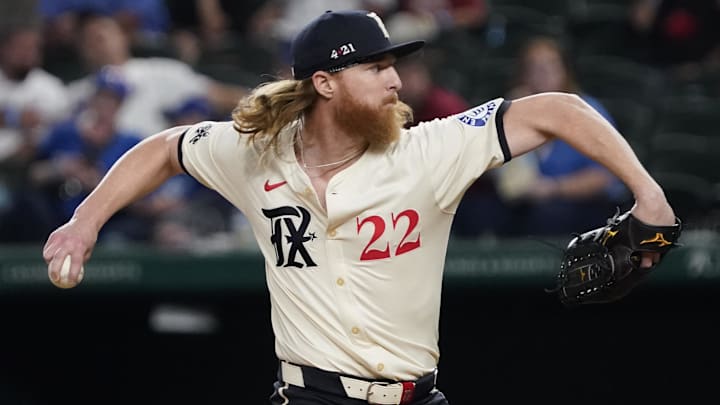 Jul 19, 2024; Arlington, Texas, USA; Texas Rangers pitcher Jon Gray (22) throws to the plate during the ninth inning against the Baltimore Orioles at Globe Life Field. 