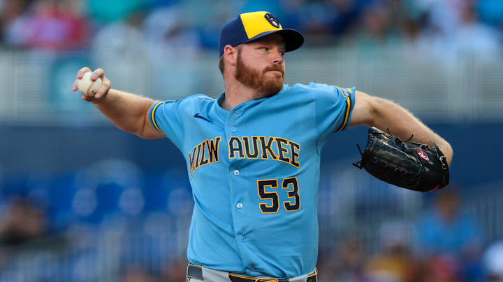 Apr 18, 2026; Miami, Florida, USA; Milwaukee Brewers starting pitcher Brandon Woodruff (53) delivers a pitch against the Miami Marlins during the fourth inning at loanDepot Park. Mandatory Credit: Sam Navarro-Imagn Images