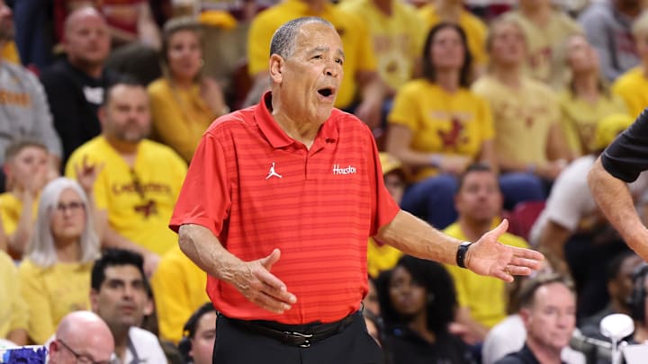 Feb 16, 2026; Ames, Iowa, USA; Houston Cougars head coach Kelvin Sampson watches his team play the Iowa State Cyclones during the first half at James H. Hilton Coliseum. Mandatory Credit: Reese Strickland-Imagn Images