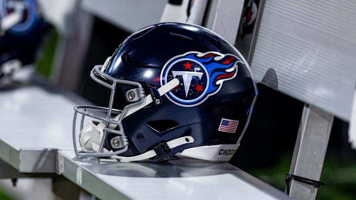Aug 25, 2024; New Orleans, Louisiana, USA;  Detailed view of the Tennessee Titans helmet against the New Orleans Saints during the first half at Caesars Superdome. Mandatory Credit: Stephen Lew-Imagn Images