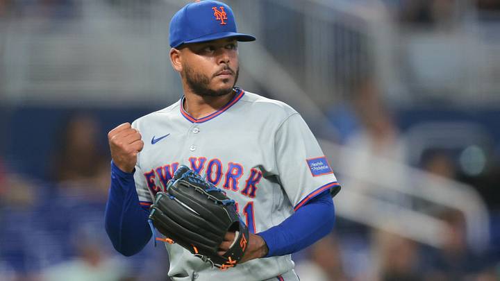 May 23, 2026; Miami, Florida, USA; New York Mets starting pitcher Freddy Peralta (51) reacts against the Miami Marlins during the fifth inning at loanDepot Park. Mandatory Credit: Sam Navarro-Imagn Images