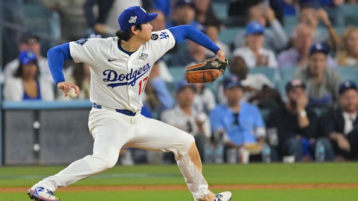 Oct 28, 2025; Los Angeles, California, USA; Los Angeles Dodgers two-way player Shohei Ohtani (17) pitches during the fifth inning against the Toronto Blue Jays during game four of the 2025 MLB World Series at Dodger Stadium. Mandatory Credit: Jayne Kamin-Oncea-Imagn Images