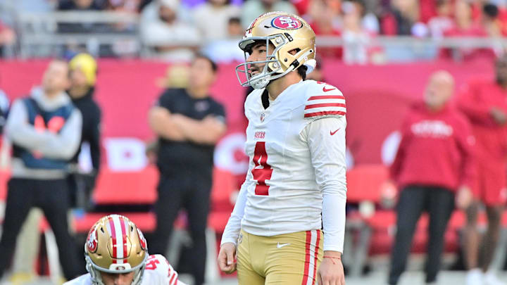 Jan 5, 2025; Glendale, Arizona, USA; San Francisco 49ers place kicker Jake Moody (4) reacts after missing a field goal in the first half against the Arizona Cardinals at State Farm Stadium. Mandatory Credit: Matt Kartozian-Imagn Images