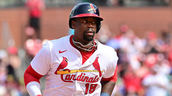 Apr 13, 2025; St. Louis, Missouri, USA;St. Louis Cardinals outfielder Jordan Walker (18) heads to third base after hitting a home run against the Philadelphia Phillies at Busch Stadium. Mandatory Credit: Tim Vizer-Imagn Images