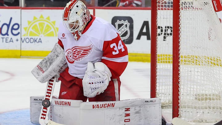 Apr 16, 2025; Newark, New Jersey, USA; Detroit Red Wings goaltender Alex Lyon (34) makes a save against the New Jersey Devils during the second period at Prudential Center. Mandatory Credit: Ed Mulholland-Imagn Images