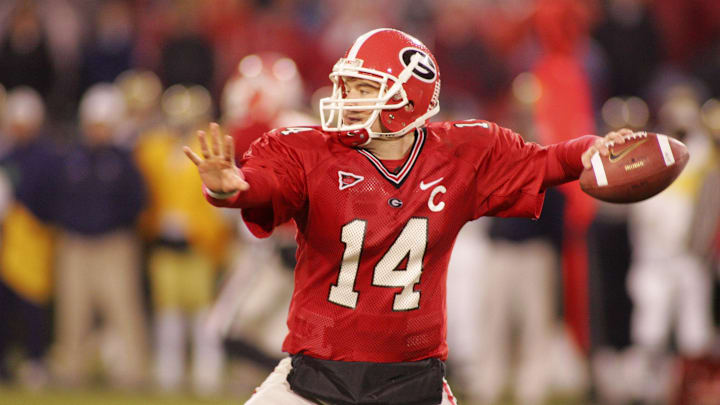 November 27, 2004 Athens, GA USA Georgia Bulldogs Quarterback #14 David Greene returns from injury to lead a scoring drive in the second half at Sanford Stadium in Athens, GA. The Bulldogs won 19-13. Mandatory Credit: Photo by Dale Zanine Imagn Images Copyright (c) 2004 Dale Zanine 