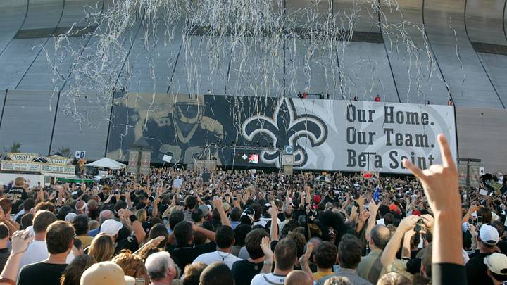 Sept 25, 2006; New Orleans, LA, USA; New Orleans Saints fans cheer during the grand re-opening of the Louisiana Superdome ceremony in New Orleans, LA. The Monday Night Football game was the first event in the Louisiana Superdome a year after it was heavily damaged by Hurricane Katrina and used as a shelter from the storm by tens of thousands of people. Mandatory Credit: Matt Stamey-USA TODAY Sports Copyright Matt Stamey Sept 25, 2006; New Orleans, LA, USA; New Orleans Saints fans cheer during the grand re-opening of the Louisiana Superdome ceremony in New Orleans, LA. The Monday Night Football game was the first event in the Louisiana Superdome a year after it was heavily damaged by Hurricane Katrina and used as a shelter from the storm by tens of thousands of people. Mandatory Credit: Matt Stamey-USA TODAY Sports Copyright Matt Stamey
