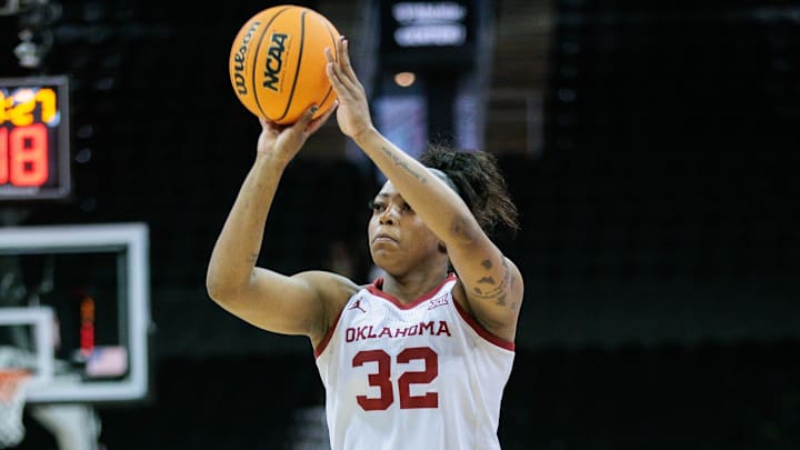 Mar 11, 2024; Kansas City, MO, USA; Oklahoma Sooners forward Sahara Williams (32) shoots the ball during the first half against the Iowa State Cyclones at T-Mobile Center. Mandatory Credit: William Purnell-Imagn Images