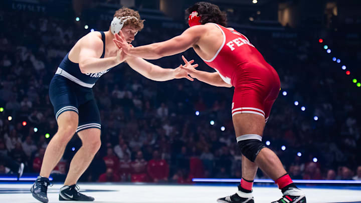 Penn State's Cole Mirasola, left, wrestles Nebraska's AJ Ferrari in the heavyweight bout during a Big Ten dual meet on January 30, 2026, in State College. Penn State won the dual, 26-12. Penn State's Cole Mirasola, left, wrestles Nebraska's AJ Ferrari in the heavyweight bout during a Big Ten dual meet on January 30, 2026, in State College. Penn State won the dual, 26-12.