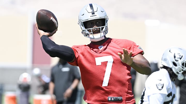 Jun 11, 2025; Henderson, NV, USA; Las Vegas Raiders quarterback Geno Smith (7) throws the ball during Las Vegas Raiders Minicamp at Intermountain Health Performance Center. Mandatory Credit: Candice Ward-Imagn Images