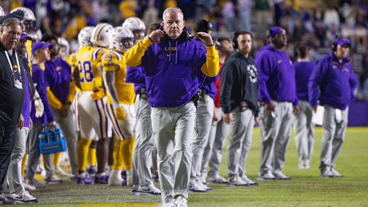 Nov 23, 2024; Baton Rouge, Louisiana, USA; LSU Tigers head coach Brian Kelly walks the sideline against the Vanderbilt Commodores during the second half at Tiger Stadium. Mandatory Credit: Stephen Lew-Imagn Images Nov 23, 2024; Baton Rouge, Louisiana, USA; LSU Tigers head coach Brian Kelly walks the sideline against the Vanderbilt Commodores during the second half at Tiger Stadium. Mandatory Credit: Stephen Lew-Imagn Images