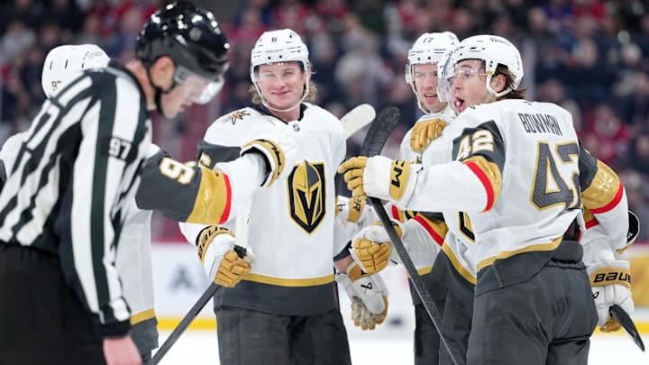 Jan 27, 2026; Montreal, Quebec, CAN; Vegas Golden Knights forward Pavel Dorofeyev (16) celebrates with teammates after scoring a goal against the Montreal Canadiens during the third period at the Bell Centre. Mandatory Credit: Eric Bolte-Imagn Images