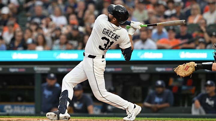 Detroit Tigers left fielder Riley Greene drives in a run with a single against the Tampa Bay Rays in the fifth inning at Comerica Park.