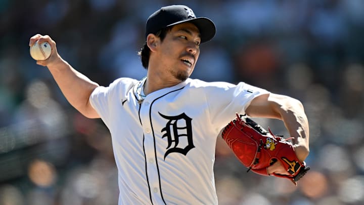 Apr 27, 2025; Detroit, Michigan, USA;  Detroit Tigers pitcher Kenta Maeda (18) throws a pitch against the Baltimore Orioles in the ninth inning at Comerica Park.
