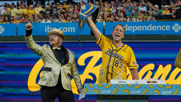 Joey Chestnut wings the banana dog eating contest at Citizens Bank Park in Philadelphia, PA. 
