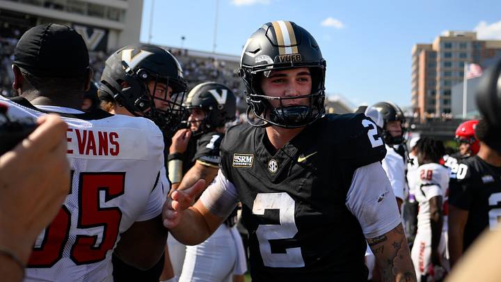 Sep 19, 2026; Nashville, Tennessee, USA; Vanderbilt Commodores quarterback Jared Curtis (2) celebrates the win against the NC State Wolfpack during the second half at FirstBank Stadium. Mandatory Credit: Steve Roberts-Imagn Images Sep 19, 2026; Nashville, Tennessee, USA; Vanderbilt Commodores quarterback Jared Curtis (2) celebrates the win against the NC State Wolfpack during the second half at FirstBank Stadium. Mandatory Credit: Steve Roberts-Imagn Images
