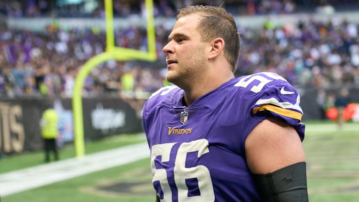 Oct 2, 2022;  London, United Kingdom;  Minnesota Vikings center Garrett Bradbury (56) during the NFL International Series game at Tottenham Hotspur Stadium.