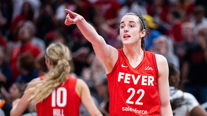 May 17, 2025; Indianapolis, Indiana, USA; Indiana Fever guard Caitlin Clark (22) in the second half against the Chicago Sky at Gainbridge Fieldhouse. 