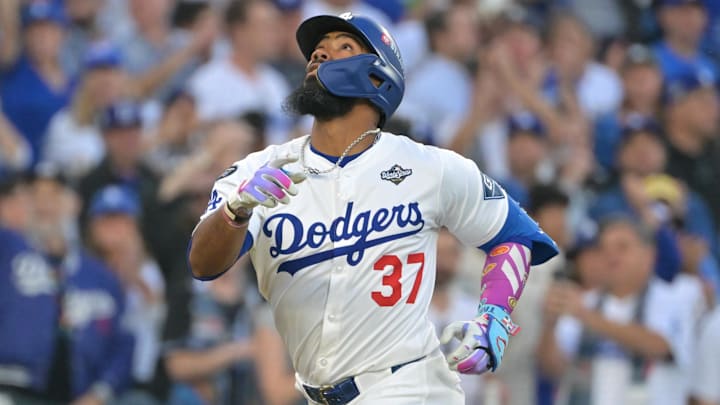 Oct 27, 2025; Los Angeles, California, USA; Los Angeles Dodgers right fielder Teoscar Hernandez (37) celebrates after hitting a solo home run against the Toronto Blue Jays in the second inning during game three of the 2025 MLB World Series at Dodger Stadium. Mandatory Credit: Jayne Kamin-Oncea-Imagn Images