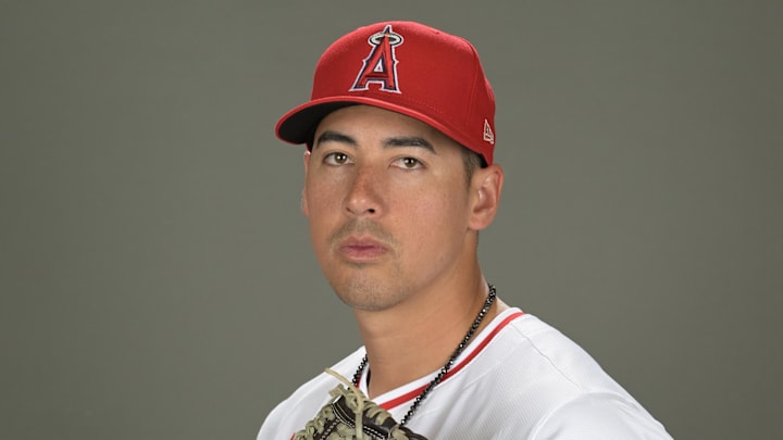 Feb 21, 2024; Tempe, AZ, USA; Los Angeles Angels relief pitcher Robert Stephenson (24) poses for a photo on media day in Tempe, AZ. Mandatory Credit: Jayne Kamin-Oncea-Imagn Images