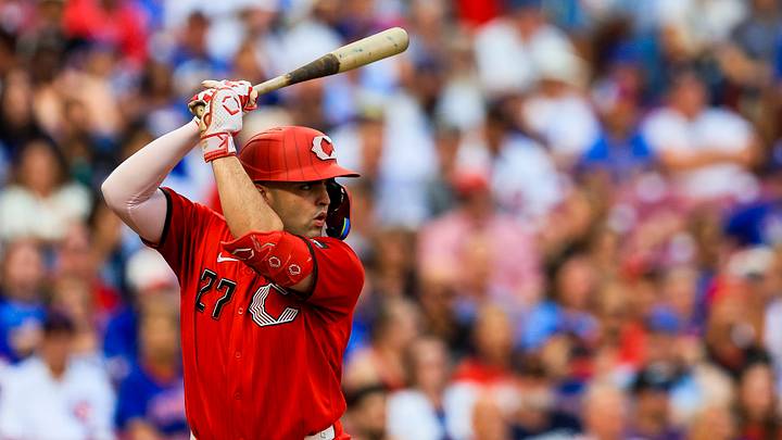 Sep 19, 2026; Cincinnati, Ohio, USA; Cincinnati Reds first baseman Sal Stewart (27) at bat in the first inning against the Chicago Cubs at Great American Ball Park. Mandatory Credit: Katie Stratman-Imagn Images