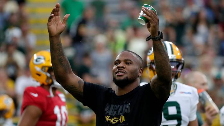 Green Bay Packers defensive lineman Micah Parsons hype up the crowd at Green Bay Packers Family Night on Aug. 7, 2026, at Lambeau Field in Green Bay, Wis.
