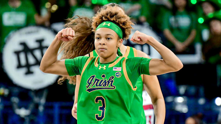 Mar 2, 2025; South Bend, Indiana, USA; Notre Dame Fighting Irish guard Hannah Hidalgo (3) reacts in the first half against the Louisville Cardinals at the Purcell Pavilion. Mandatory Credit: Matt Cashore-Imagn Images Mar 2, 2025; South Bend, Indiana, USA; Notre Dame Fighting Irish guard Hannah Hidalgo (3) reacts in the first half against the Louisville Cardinals at the Purcell Pavilion. Mandatory Credit: Matt Cashore-Imagn Images