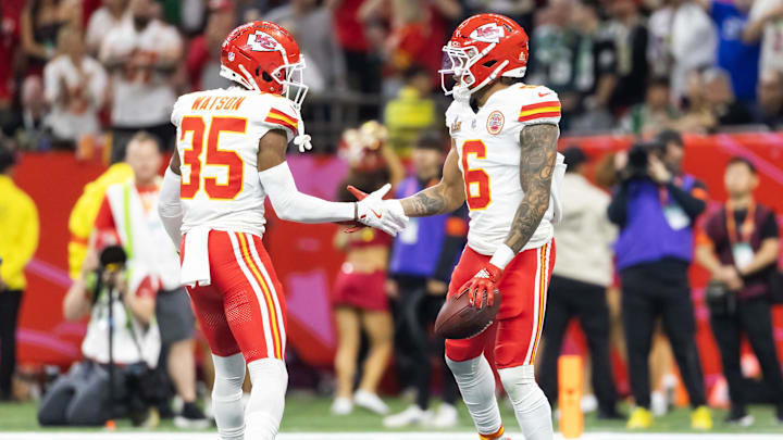 Feb 9, 2025; New Orleans, LA, USA;  Kansas City Chiefs safety Bryan Cook (6) celebrates with teammate Jaylen Watson (35) after an interception against the Philadelphia Eagles in the second quarter in Super Bowl LIX at Ceasars Superdome. Mandatory Credit: Mark J. Rebilas-Imagn Images