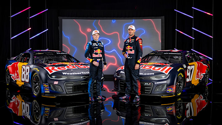 Connor Zilisch (No. 88) and Shane van Gisbergen (No. 97) will share the Red Bull colors for a total of 25 races during the 2026 NASCAR Cup Series season. Connor Zilisch (No. 88) and Shane van Gisbergen (No. 97) will share the Red Bull colors for a total of 25 races during the 2026 NASCAR Cup Series season.