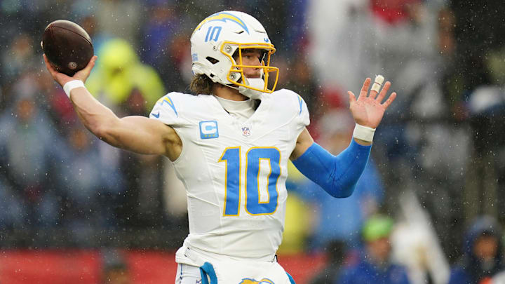 Dec 3, 2023; Foxborough, Massachusetts, USA; Los Angeles Chargers quarterback Justin Herbert (10)