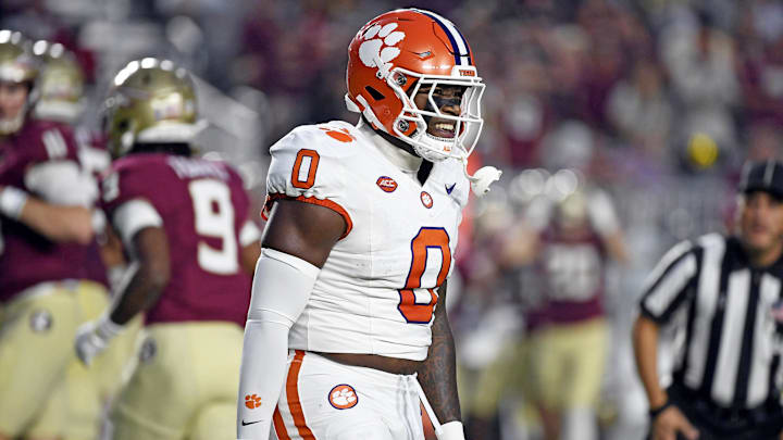 Oct 5, 2024; Tallahassee, Florida, USA; Clemson Tigers linebacker Barrett Carter (0) celebrates after a sack against the Florida State Seminoles during the first half at Doak S. Campbell Stadium. 