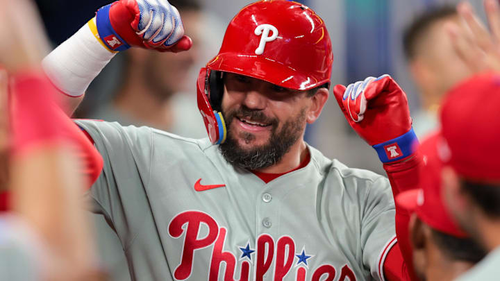Philadelphia Phillies designated hitter Kyle Schwarber (12) celebrates after hitting a solo home run against the Miami Marlins at loanDepot Park. 