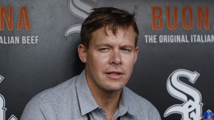 Sep 26, 2023; Chicago, Illinois, USA; Chicago White Sox vice president and general manager Chris Getz speaks before a baseball game between the Chicago White Sox and Arizona Diamondbacks at Guaranteed Rate Field. Mandatory Credit: Kamil Krzaczynski-Imagn Images Sep 26, 2023; Chicago, Illinois, USA; Chicago White Sox vice president and general manager Chris Getz speaks before a baseball game between the Chicago White Sox and Arizona Diamondbacks at Guaranteed Rate Field. Mandatory Credit: Kamil Krzaczynski-Imagn Images