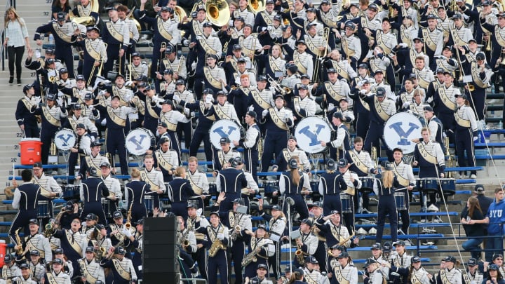 Nov 12, 2016; Provo, UT, USA; Brigham Young Cougars marching band during the game between the Brigham Young Cougars and the Southern Utah Thunderbirds at Lavell Edwards Stadium. Brigham Young Cougars won the game 37 to 7.  Mandatory Credit: Chris Nicoll-USA TODAY Sports