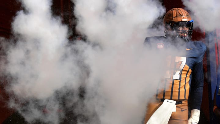 Oct 19, 2024; Champaign, Illinois, USA;  Illinois Fighting Illini linebacker Gabe Jacas (17) is introduced before the start of the game against the Michigan Wolverines at Memorial Stadium. Mandatory Credit: Ron Johnson-Imagn Images