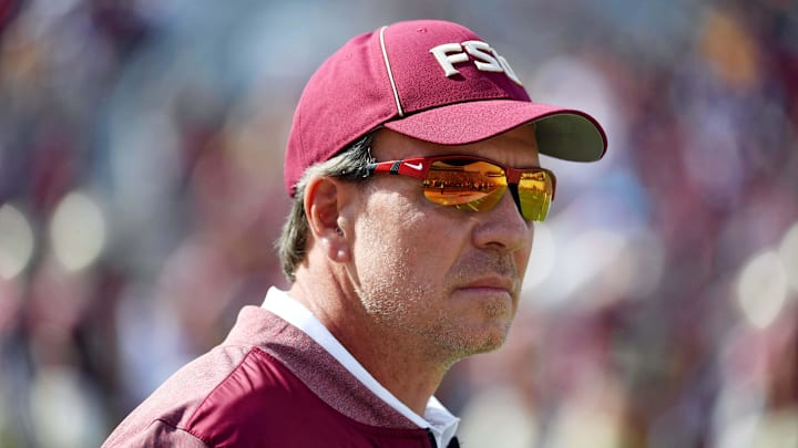Oct 21, 2017; Tallahassee, FL, USA; Florida State Seminoles head coach Jimbo Fisher before the game against the Louisville Cardinals at Doak Campbell Stadium. Mandatory Credit: Melina Vastola-Imagn Images Oct 21, 2017; Tallahassee, FL, USA; Florida State Seminoles head coach Jimbo Fisher before the game against the Louisville Cardinals at Doak Campbell Stadium. Mandatory Credit: Melina Vastola-Imagn Images