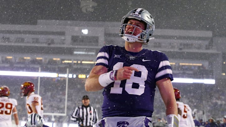 Nov 25, 2023; Manhattan, Kansas, USA; Kansas State Wildcats quarterback Will Howard (18) celebrates