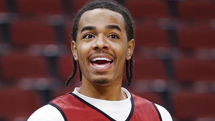 Mar 26, 2026; Chicago, IL, USA; Alabama Crimson Tide guard Labaron Philon (0) reacts during a practice session ahead of the Midwest regional of the men's 2026 NCAA Tournament at United Center. Mandatory Credit: Kamil Krzaczynski-Imagn Images