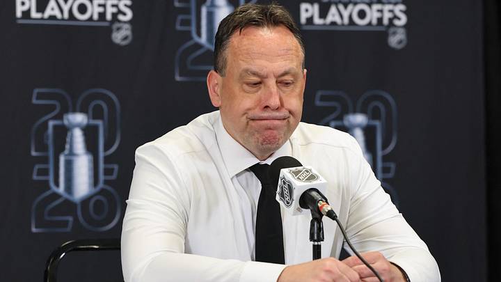 May 1, 2026; Boston, Massachusetts, USA; Boston Bruins head coach Marco Sturm looks down during a press conference following their 4-1 loss to the Buffalo Sabres in game six of the first round of the 2026 Stanley Cup Playoffs at TD Garden. Mandatory Credit: Winslow Townson-Imagn Images