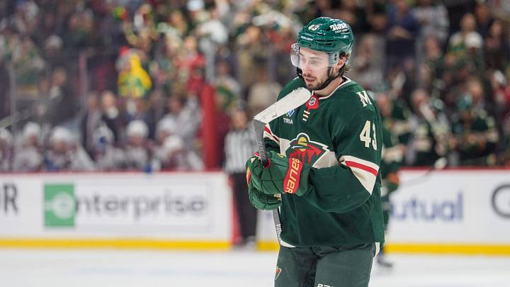 May 9, 2026; Saint Paul, Minnesota, USA; Minnesota Wild defenseman Quinn Hughes (43) skates after scoring against the Colorado Avalanche in the first period of game three of the second round of the 2026 Stanley Cup Playoffs at Grand Casino Arena. Mandatory Credit: Matt Blewett-Imagn Images May 9, 2026; Saint Paul, Minnesota, USA; Minnesota Wild defenseman Quinn Hughes (43) skates after scoring against the Colorado Avalanche in the first period of game three of the second round of the 2026 Stanley Cup Playoffs at Grand Casino Arena. Mandatory Credit: Matt Blewett-Imagn Images