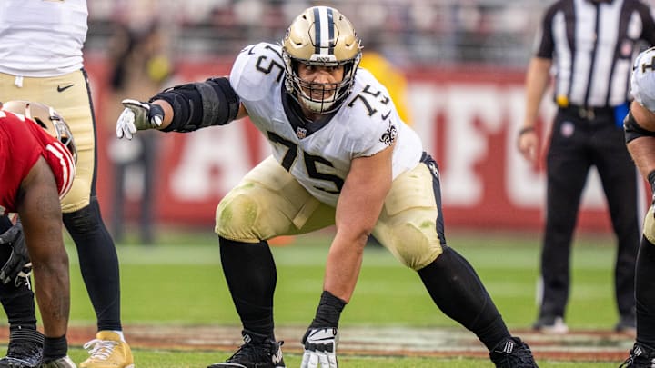 November 27, 2022; Santa Clara, California, USA; New Orleans Saints guard Andrus Peat (75) during the fourth quarter against the San Francisco 49ers at Levi's Stadium. Mandatory Credit: Kyle Terada-Imagn Images